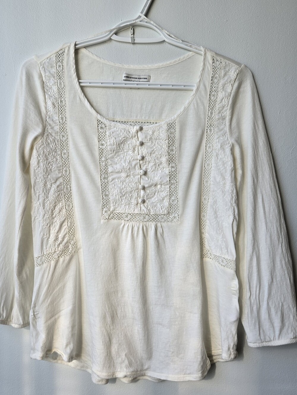 Y2K Embroidered XS Peasant Top Cotton Blend Lace Boho Cream BabyDoll Whimsy
